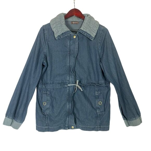 XCVI Denim Chambray Utility Jacket Drawstring Full Zip Blue tunic lightweight L - Picture 1 of 9